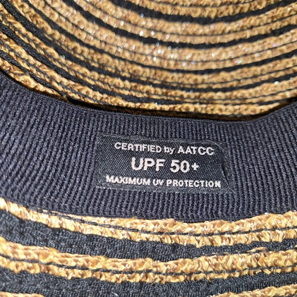 Eric Javits New York Packable Straw Bucket Sun Hat Tan Black Stripe UPF - Picture 7 of 14